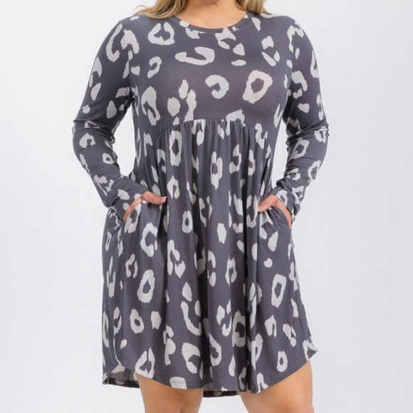 Boutique Animal Print Flare Dress Long Sleeve Pockets Above The Knee Gray - Picture 11 of 16